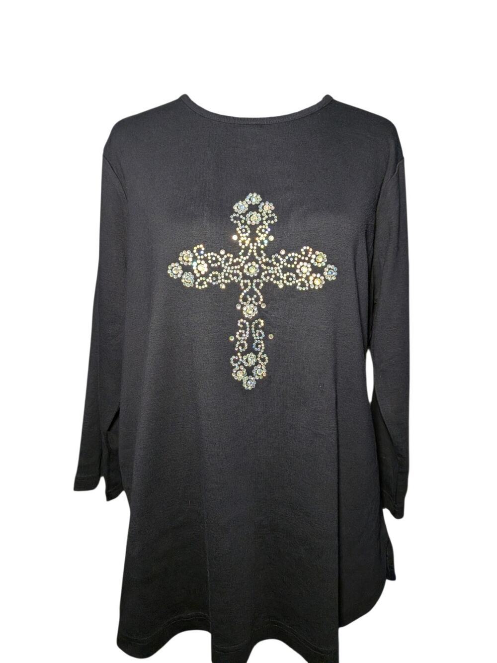 New Quacker Factory Black Cross Shirt Large NWT Rhinestone Studded Cotton QVC